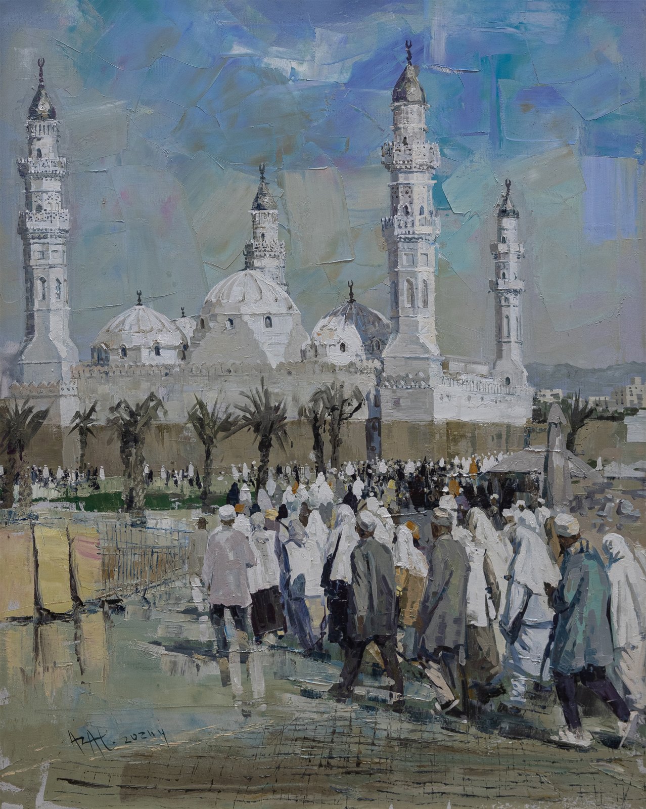 Azat Myradov — La mosquée de Quba. Huile sur toile, 100 × 80 cm, 2025