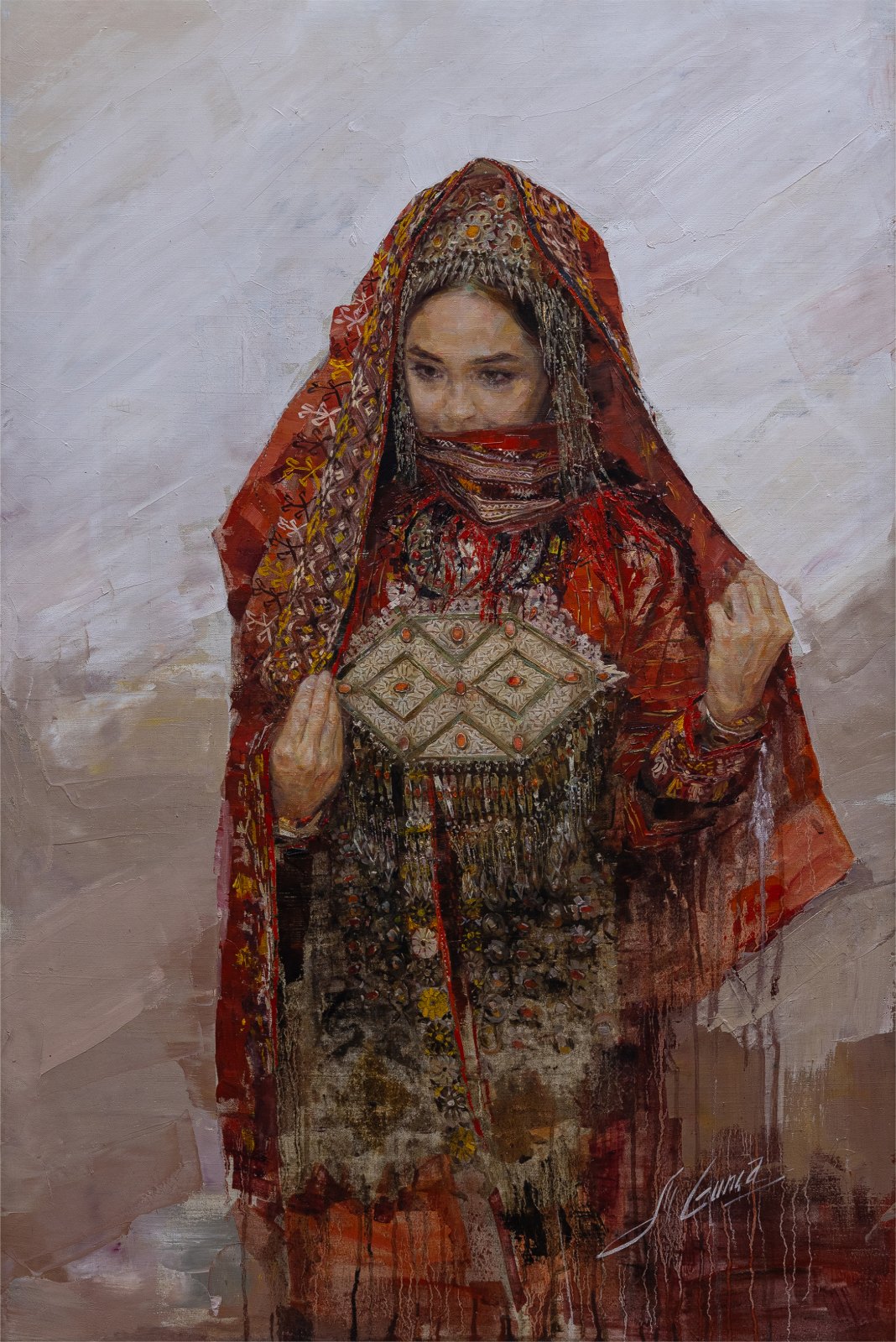 Guntcha Myradova — Mariée turkmène teke. Huile sur toile, 120 × 80 cm, 2026