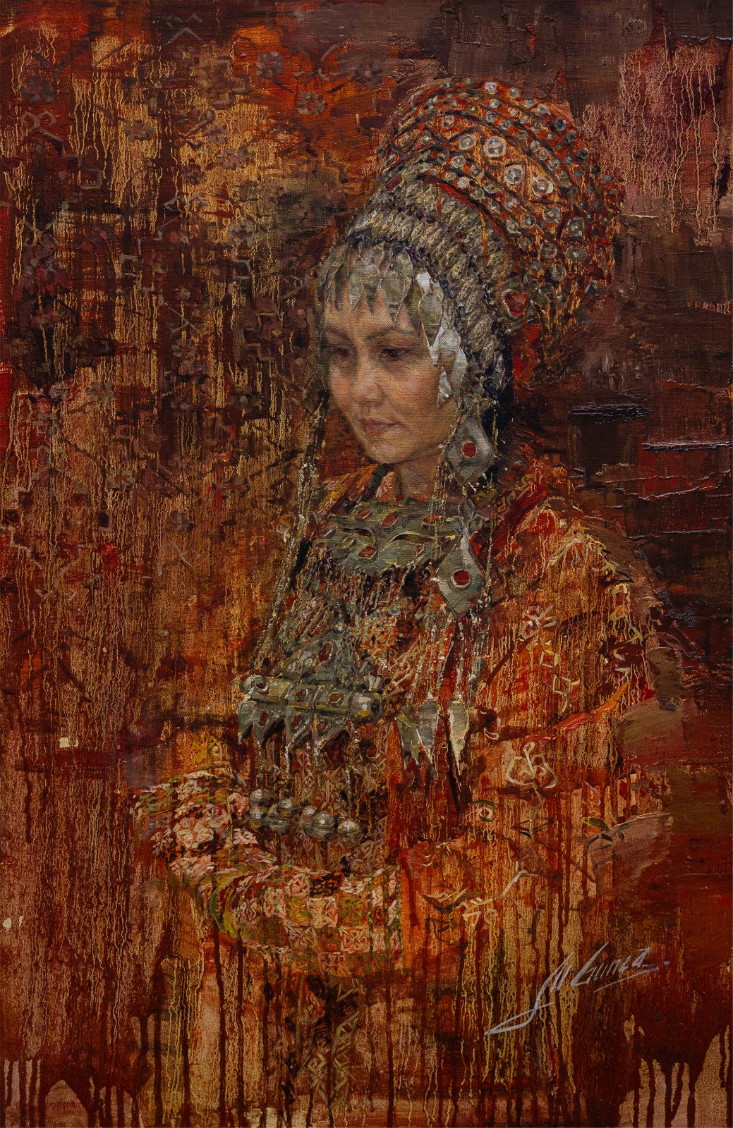 Guntcha Myradova — Mariée tchowdour. Huile sur toile, 85 × 55 cm, 2026