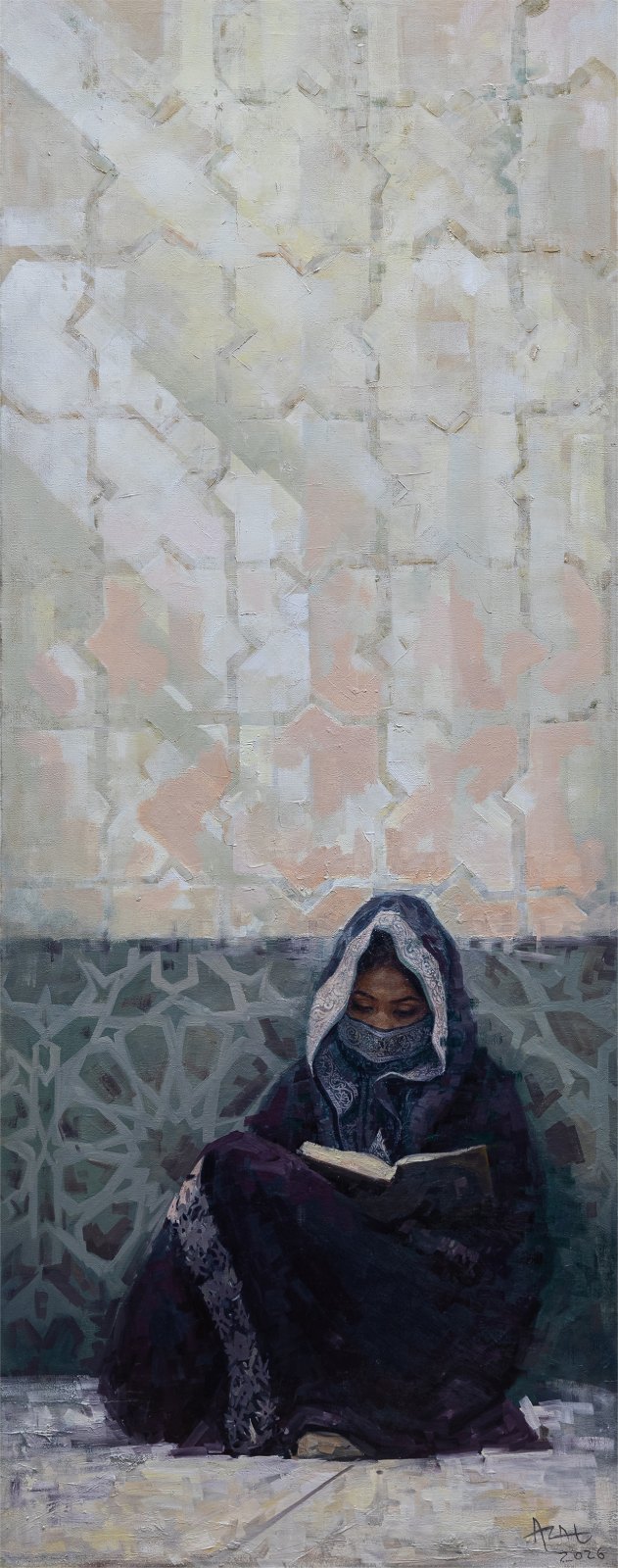 Azat Myradov — Jeune fille à la Kaaba. Huile sur toile, 200 × 80 cm, 2026