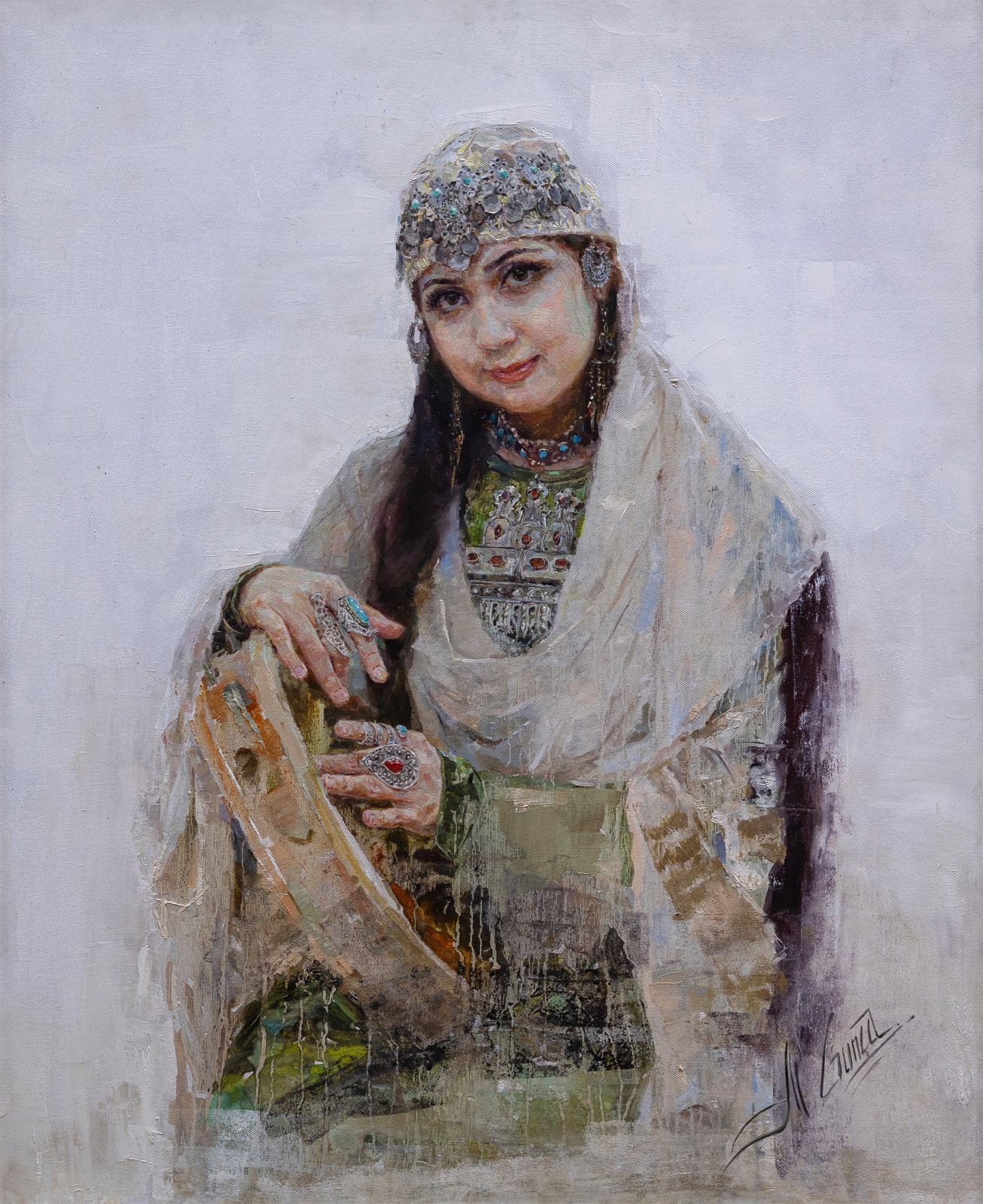 Guntcha Myradova — Jeune fille d’Orient au tambourin. Huile sur toile, 80 × 65 cm, 2026