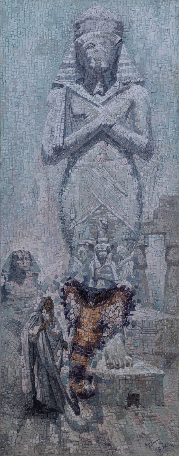 Azat Myradov — Le bâton de Moïse. Huile sur toile, 180 × 70 cm, 2024