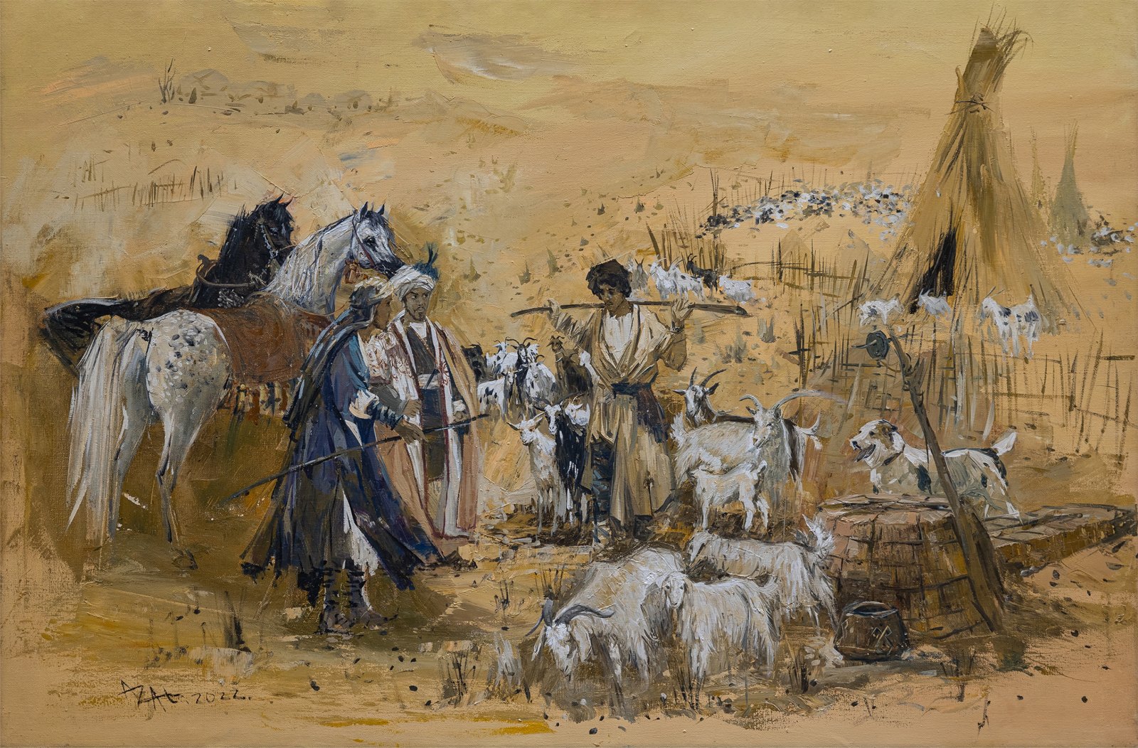 Azat Myradov — La découverte de Myraly. Huile sur toile, 85 × 130 cm, 2022