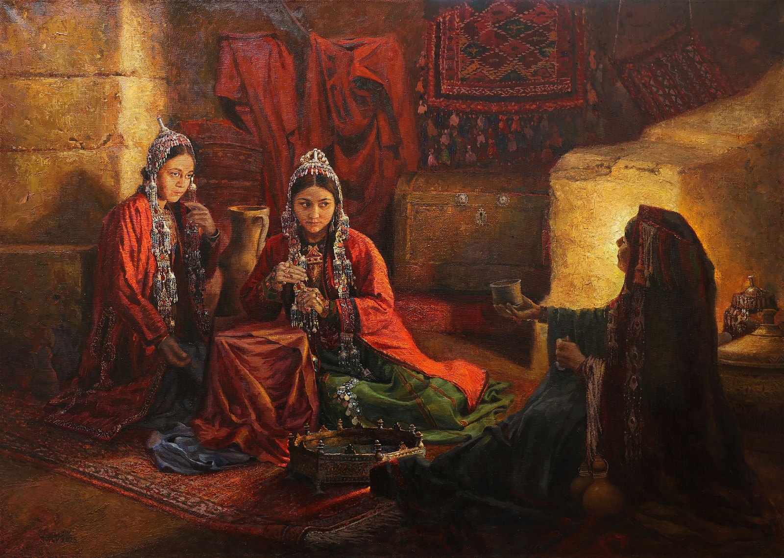 Toyly Tchopanov — La mariée chez la diseuse de bonne aventure. Huile sur toile, 140 × 100 cm, 2025