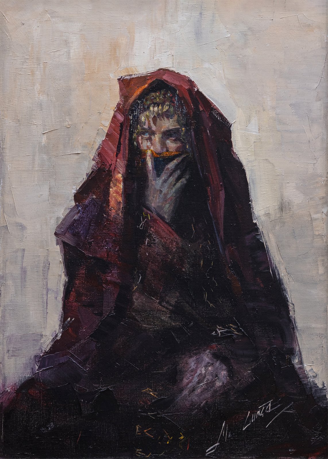 Guntcha Myradova — Mariée au manteau. Huile sur toile, 70 × 50 cm, 2023