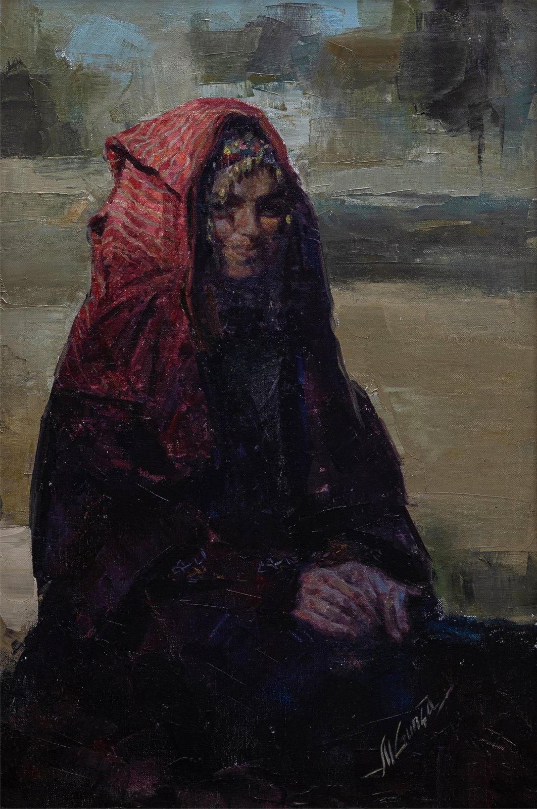 Guntcha Myradova — Mariée au manteau. Huile sur toile, 85 × 55 cm, 2023