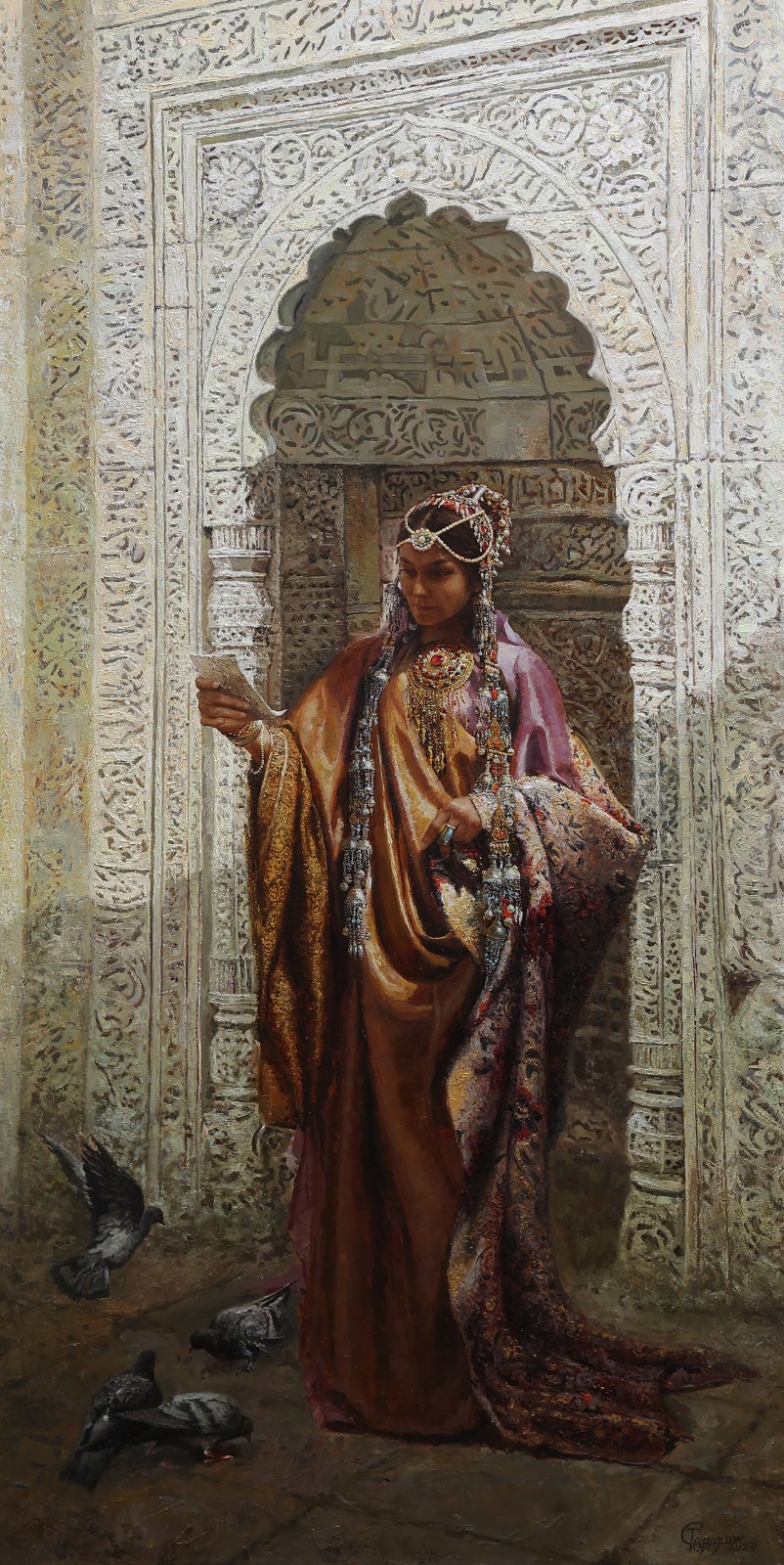 Toyly Tchopanov — Shasenem lit la lettre de Garyp. Huile sur toile, 180 × 90 cm, 2025