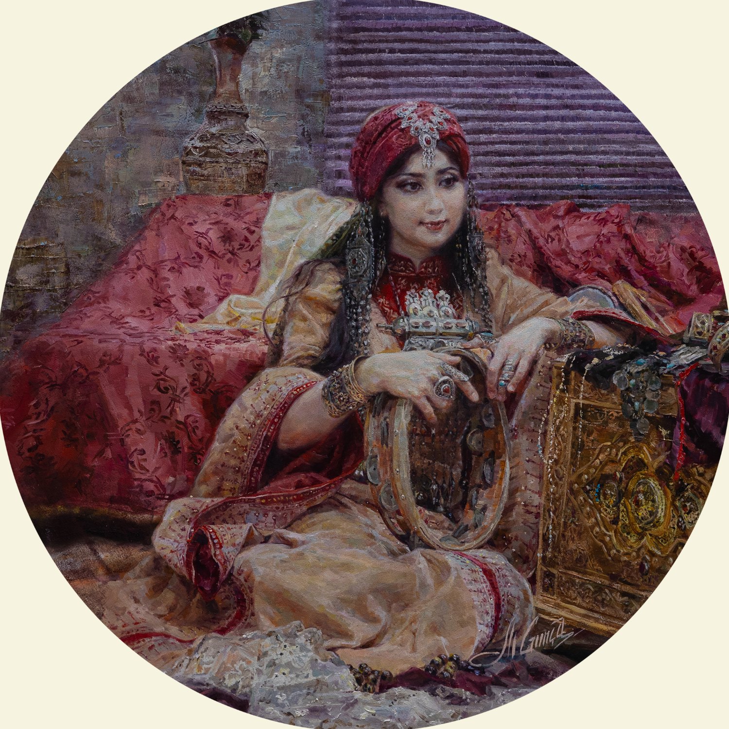 Guntcha Myradova — Le tintement des bijoux d’argent. Huile sur toile, 60 × 60 cm, 2026