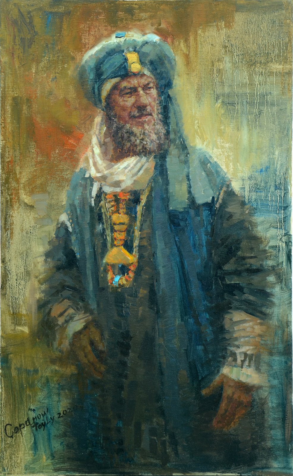 Toyly Tchopanov — Le marchand. Huile sur toile, 100 × 62 cm, 2020