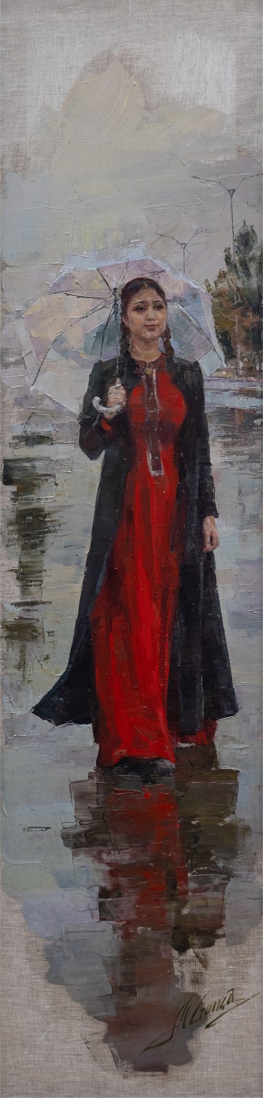 Guntcha Myradova — L’étudiante. Huile sur toile, 140 × 35 cm, 2025