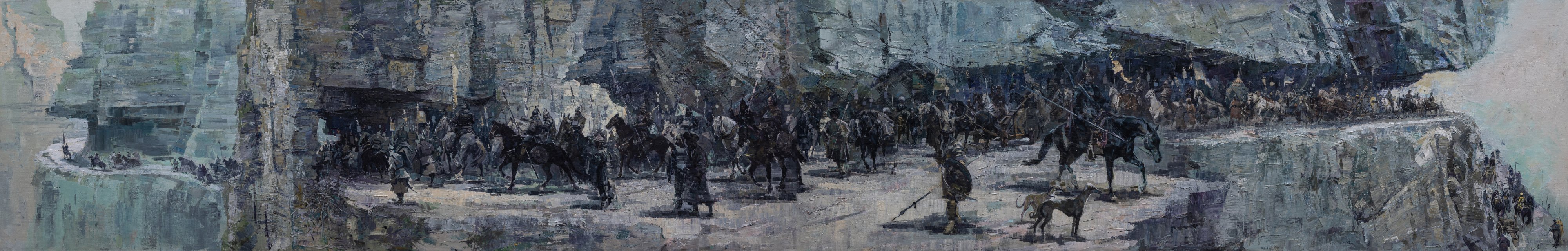 Azat Myradov — Les longues ténèbres. Huile sur toile, diptyque, 80 × 480 cm, 2025
